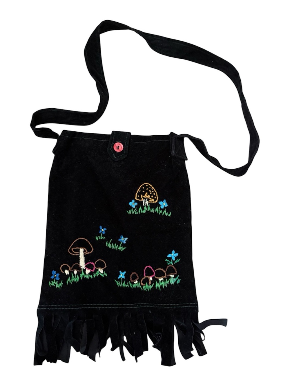 Handmade Black Suede Fringe Mushroom Embroidered crossbody bag